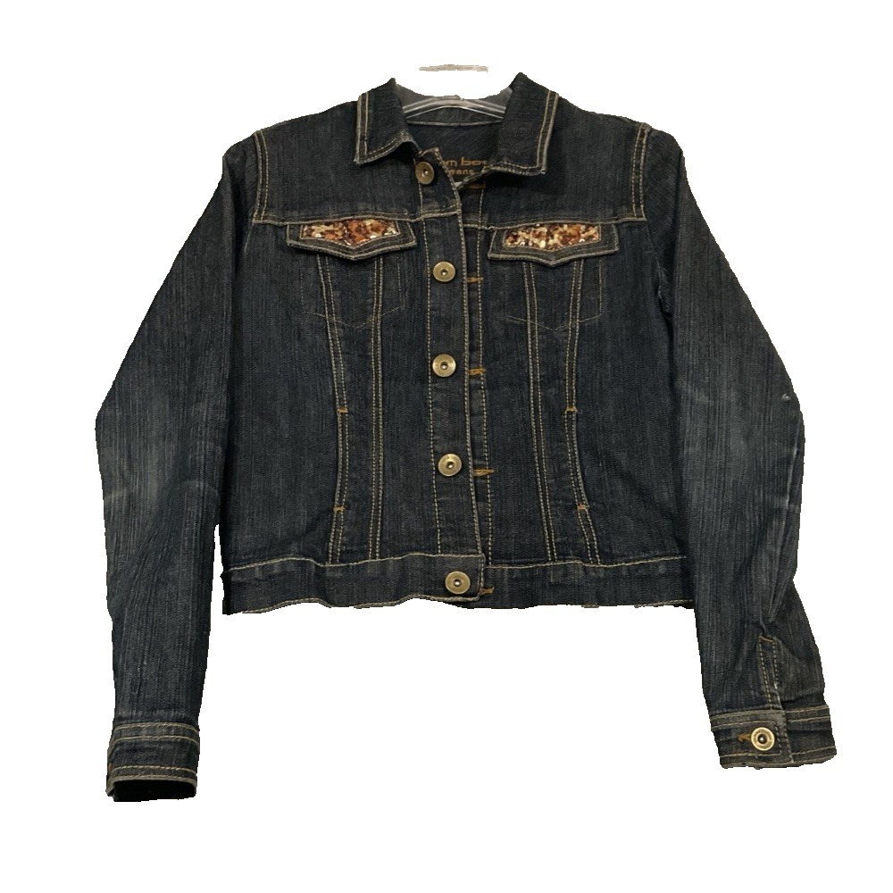 BOOM BOOM JEANS Boho Cropped Western Jacket Sz 5 Embellished‎ Sequin Dark Wash